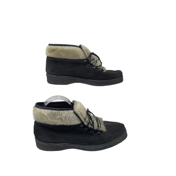 Vtg Womens Italian Black Suede Faux Fur Snow Boots Sz 8 Lace Up Ankle Booties - Picture 6 of 9